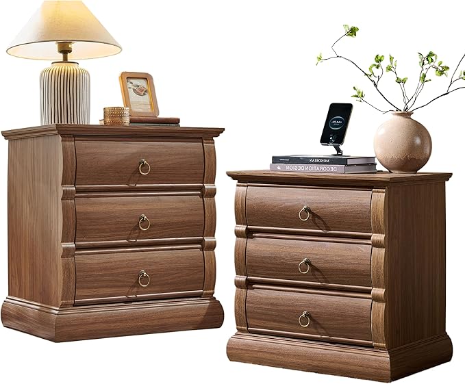 Vintage 3-Drawer Nightstand with Charging Station