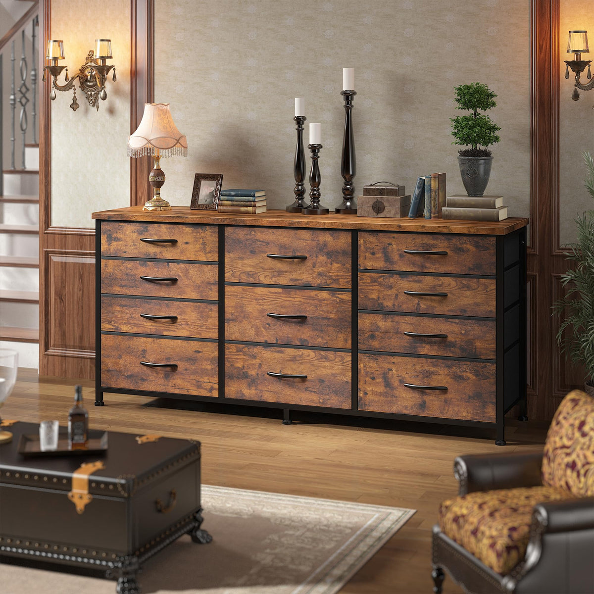Romorgniz 47.2"W Long Dresser with 11 Fabric Drawers, TV Stand & Wooden Top