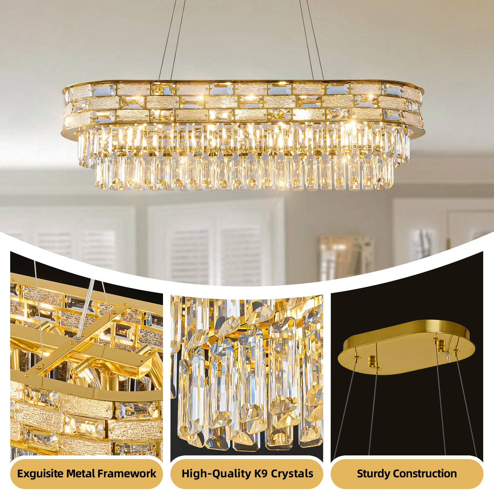Large Oval K9 Crystal Chandelier - Luxury Modern 3 Tier Linear Crystals Chandeliers - 15 Lights Brushed Gold Pendant Light Fixture for Dining Room Kitchen Island Entryway Bar Living Room - L34.3 Inch