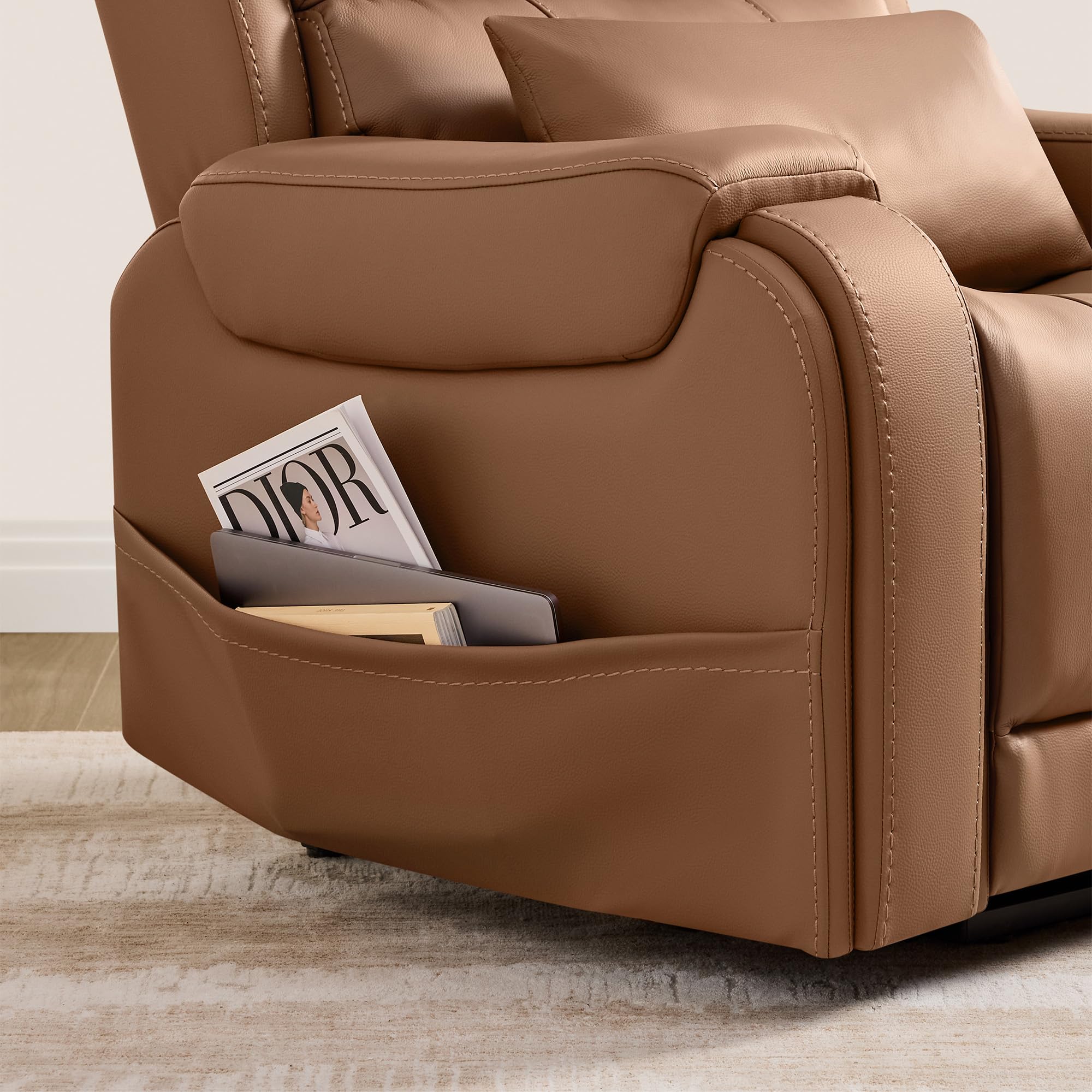 CHITA Power Lift Recliner Chair for Elderly with Heat and Massage, Genuine Leather Electric Lift Chairs with Cup Holder, Removable Lumbar Pillow, 2 Side Pockets, Leather in Saddle
