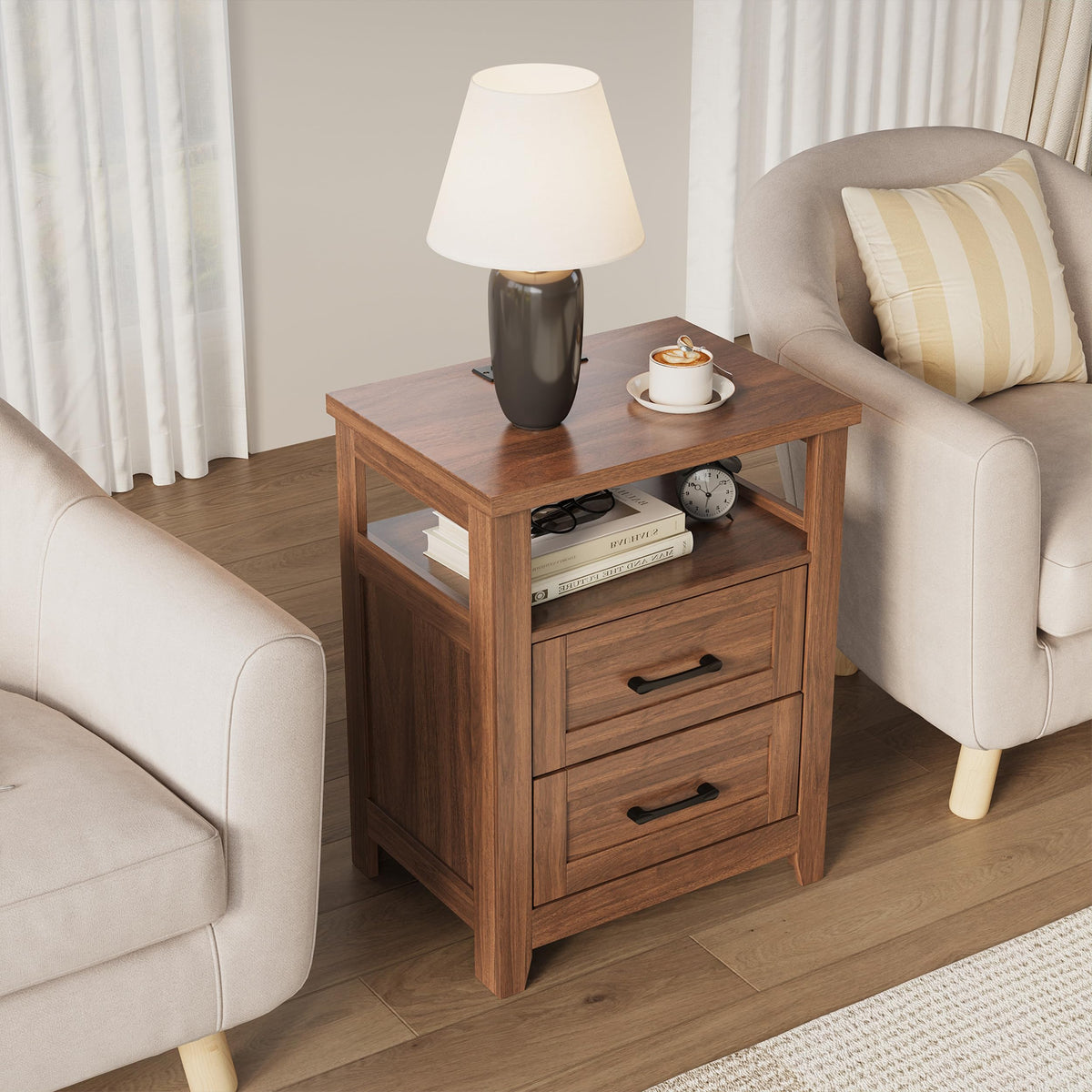 Decofy Farmhouse 2-Drawer Nightstand Set of 2 with Charging Station, Walnut