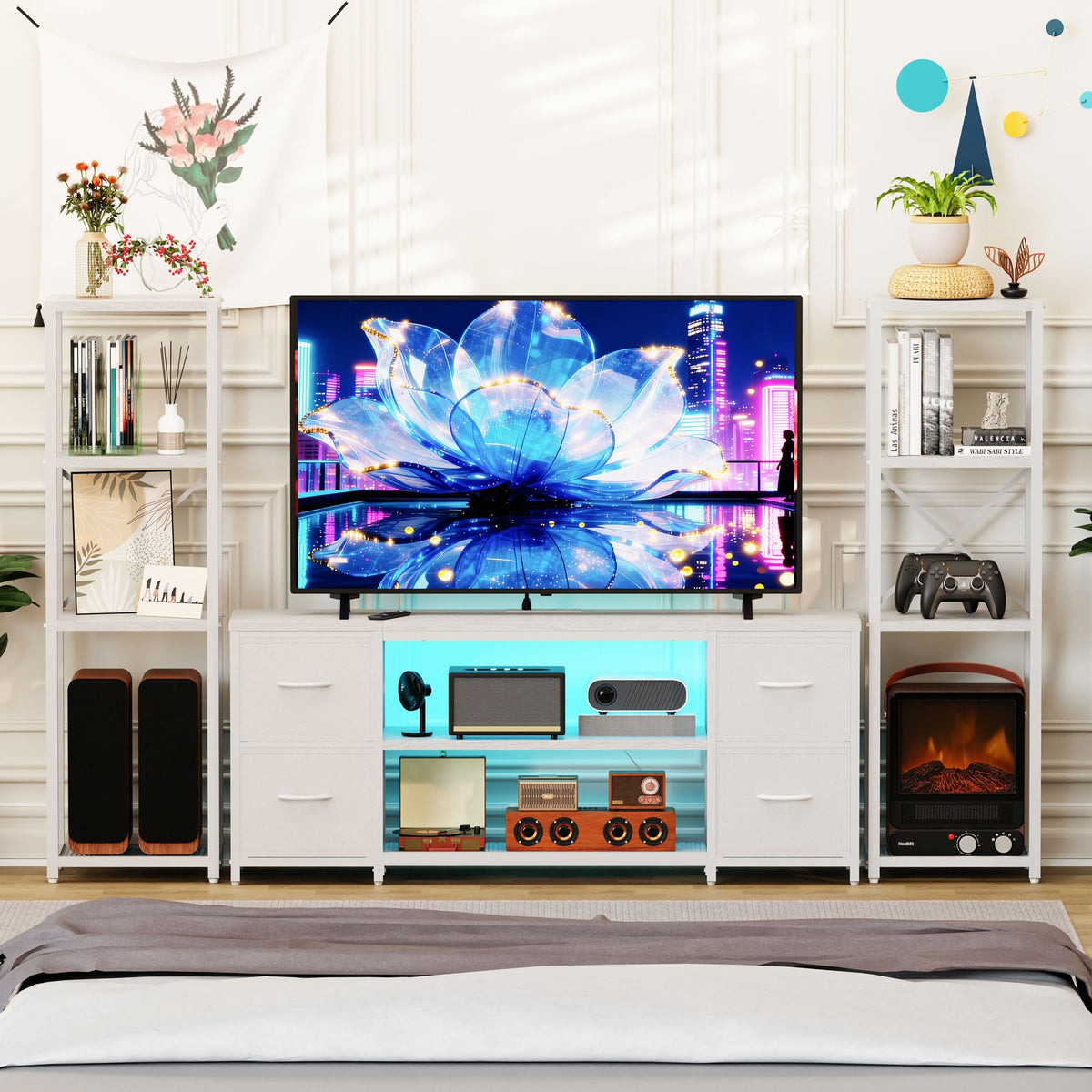 LED TV Stand Entertainment Center Bookshelf Combo with Charging Station