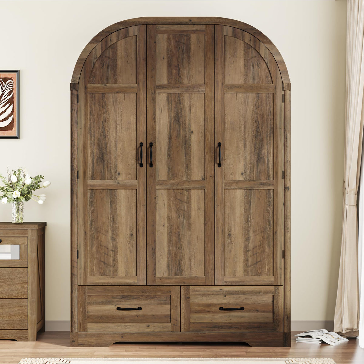 Squireewo 3 Doors Armoire Wardrobe Closet with Mirror and Lights, 71" Farmhouse Arched Wooden Wardrobe Cabinet with 2 Drawers,Hanging Rod, Clothing Storage Closet Cabinet for Bedroom,Light Rustic Oak