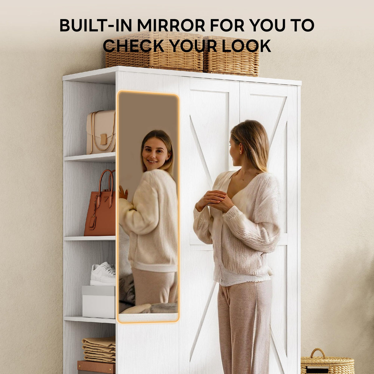 White Mirrored Wardrobe with Shelves