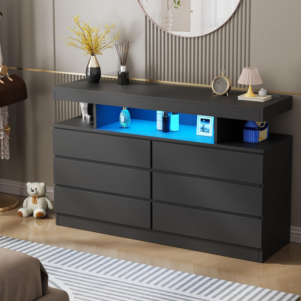 Black 6-Drawer LED Dresser