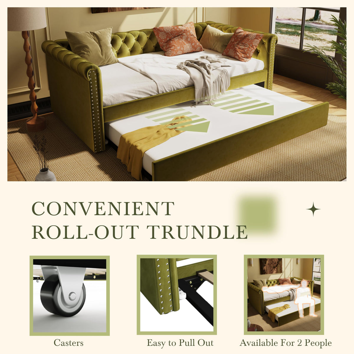 Merax Twin Size Upholstered Daybed with Trundle, Modern Velvet Sofa Bed with Tufted Button Design and Curved Armrests for Living Room, Bedroom and Guest Room, No Box Spring Needed, Green