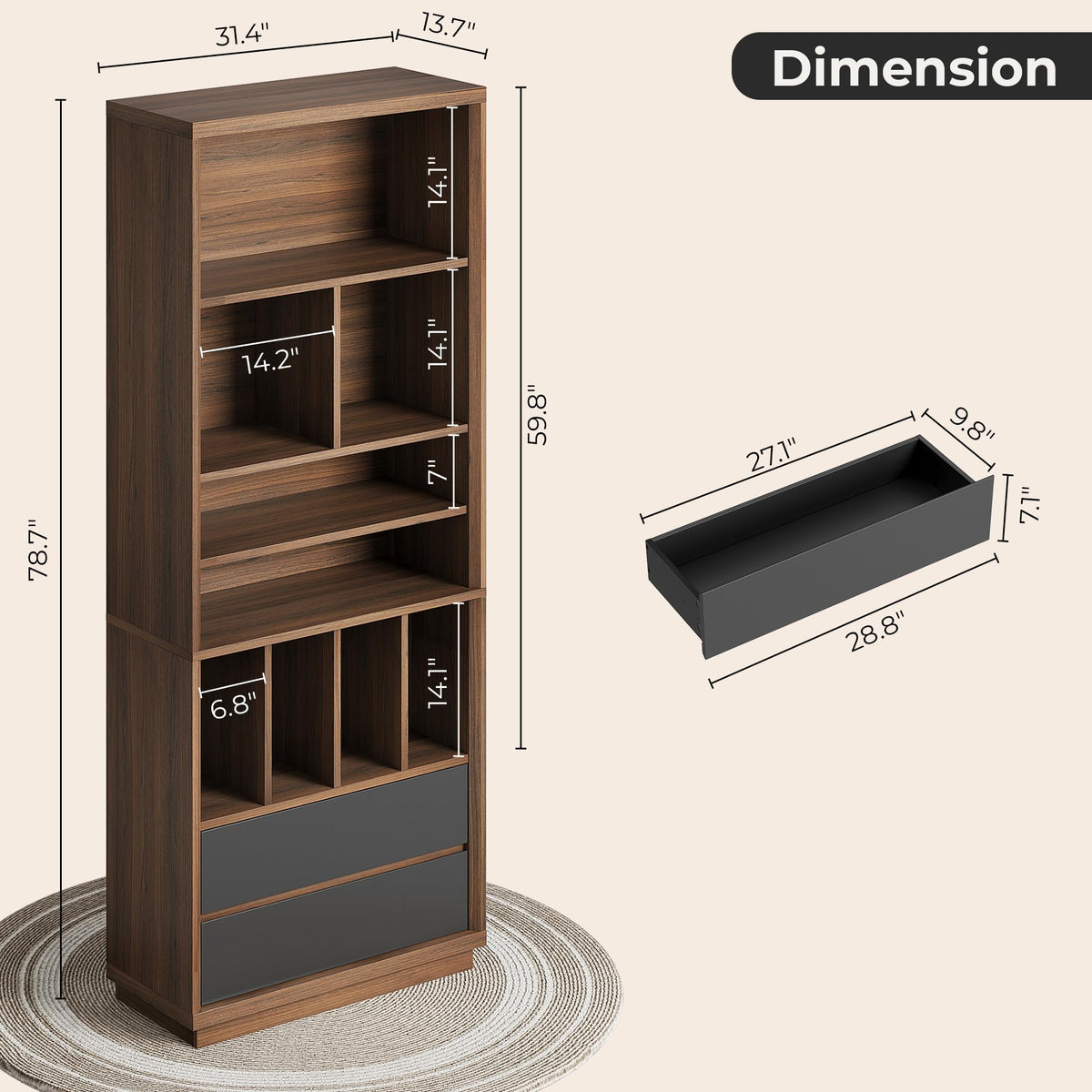 9-Cube Bookcase with Drawers