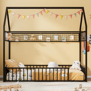 Twin Metal House Floor Bed Frame with Guardrails