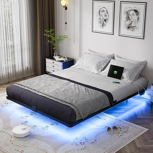 Floating Metal Platform Bed Frame with LED Lights & Charging Station
