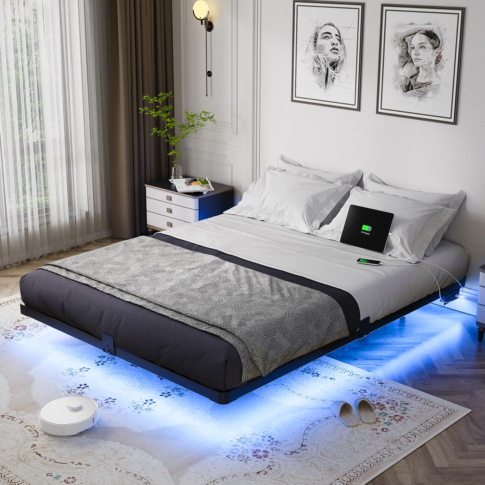 Floating Bed Frame with LED Lights & Charging Station