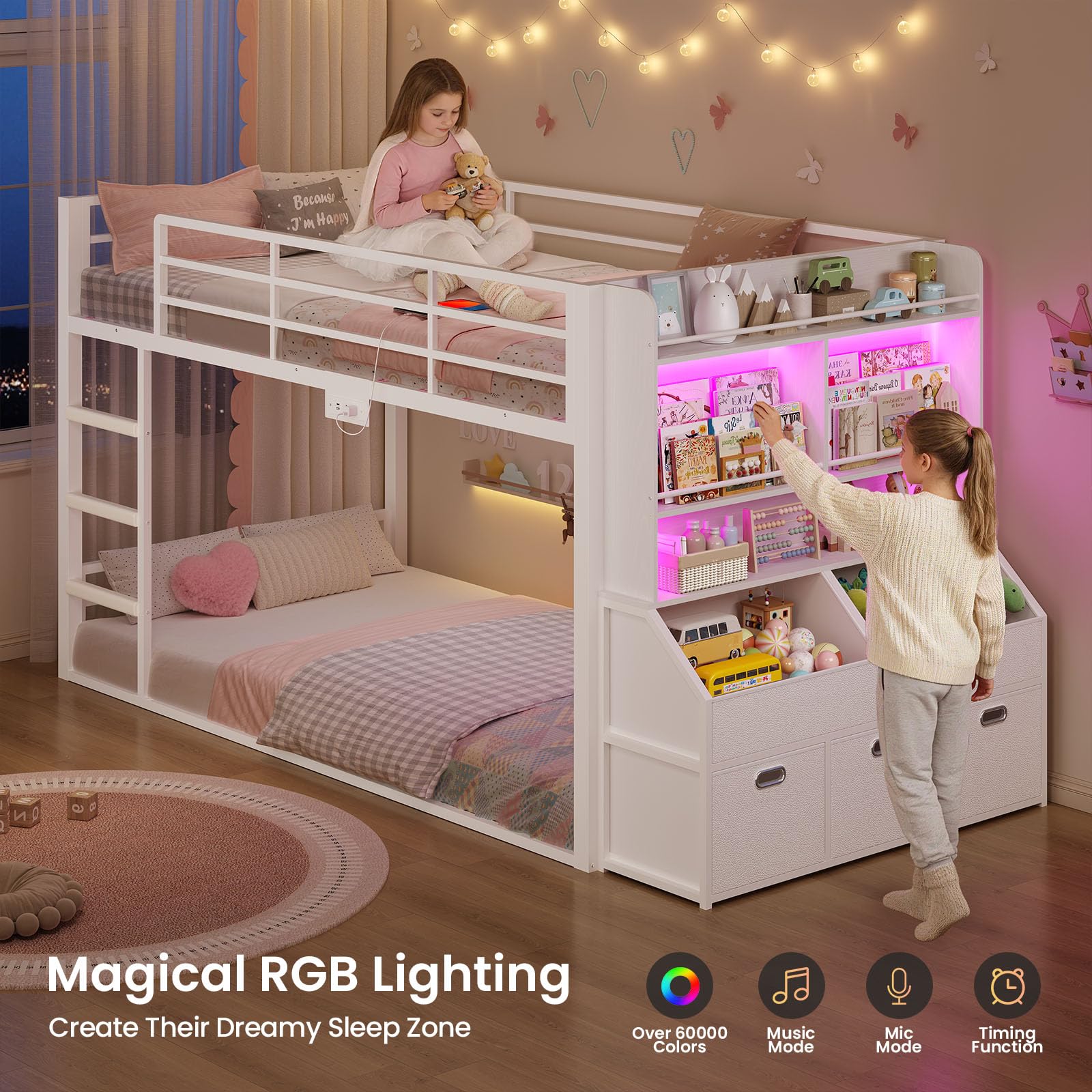 ADORNEVE Low Bunk Bed Twin Size with Bookshelf, Toy Organizer & Storage Drawers, Metal Floor Bunk Bed Twin Over Twin with RGB Lights & Charging Station, Safety Guardrail & Ladder, Small Space, White