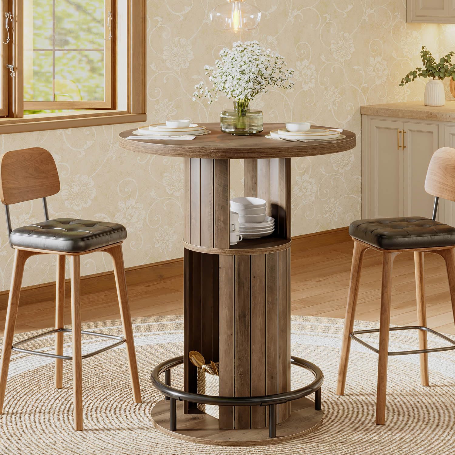 HSH Round Bar Table, 39.37" H Wood Pub Table with Storage & Metal Footrest, Modern Rustic Bar Height Bistro Cocktail Table for Coffee Bar, Kitchen Dining Room, Small Space, Rustic Oak (Table Only)