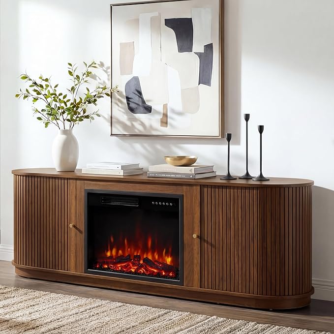 70" Fluted Fireplace TV Stand with Sliding Tambour Doors