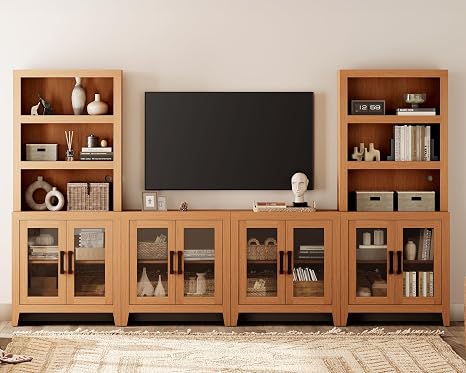 Farmhouse Entertainment Center with Bookshelves – 4-Piece Modular TV Stand