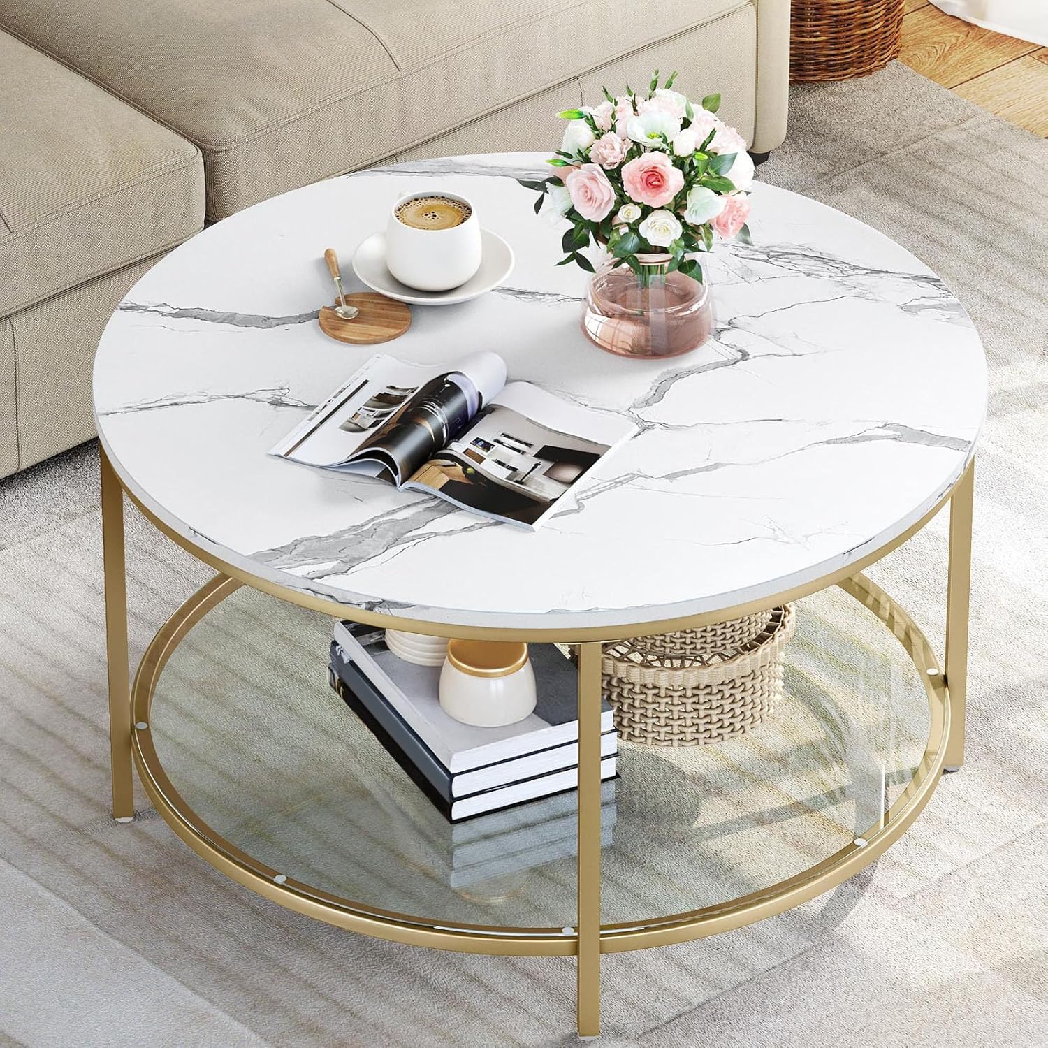 Round Marble Coffee Table with Glass Shelf