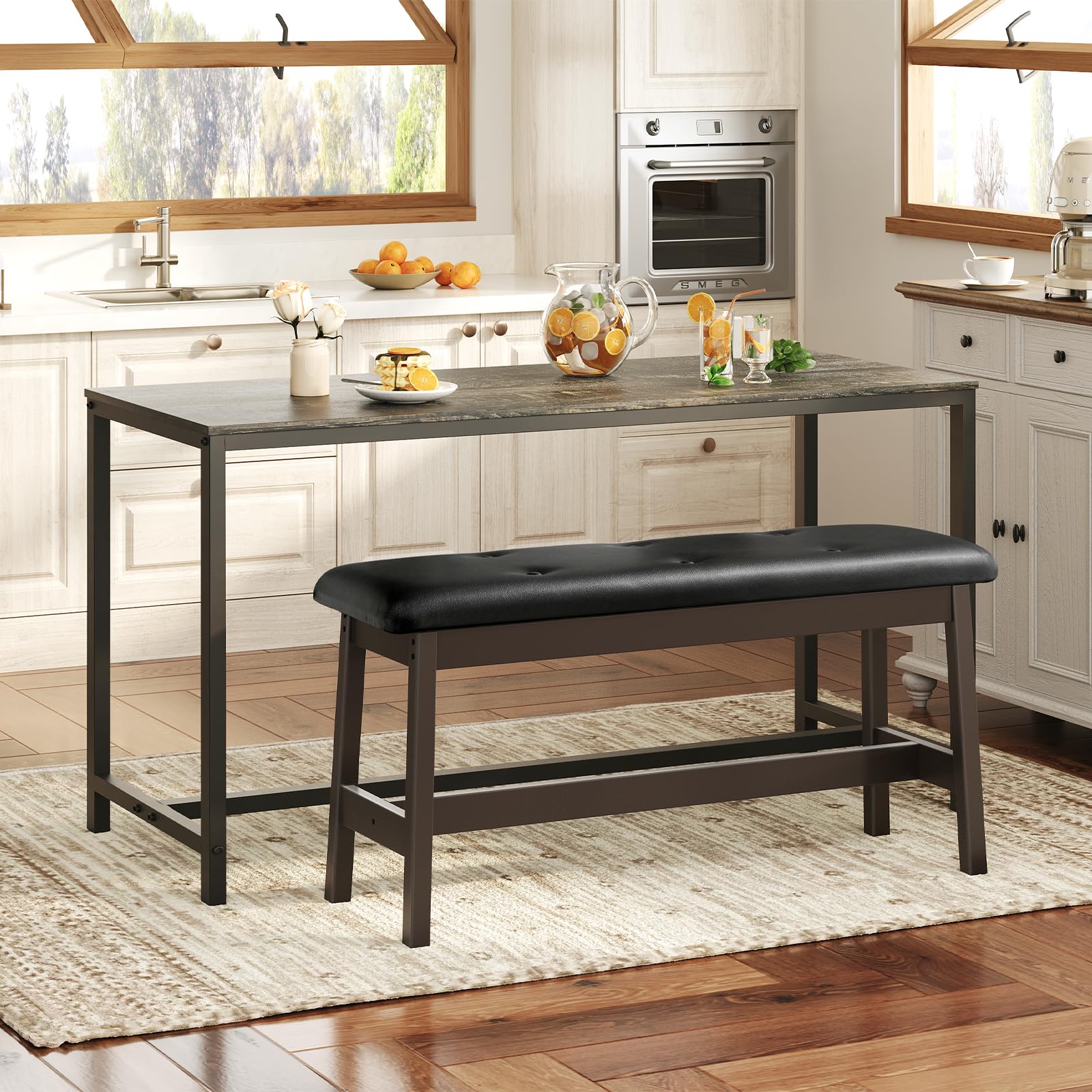 Bamboo Dining Bench with PU Leather Seat
