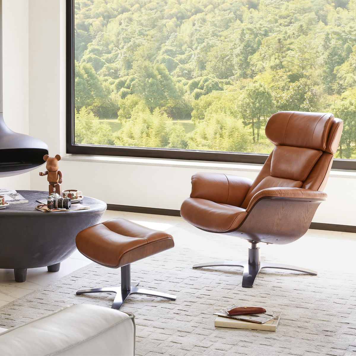 CHITA Genuine Leather Reclining Swivel Accent Chair with Ottoman, Saddle