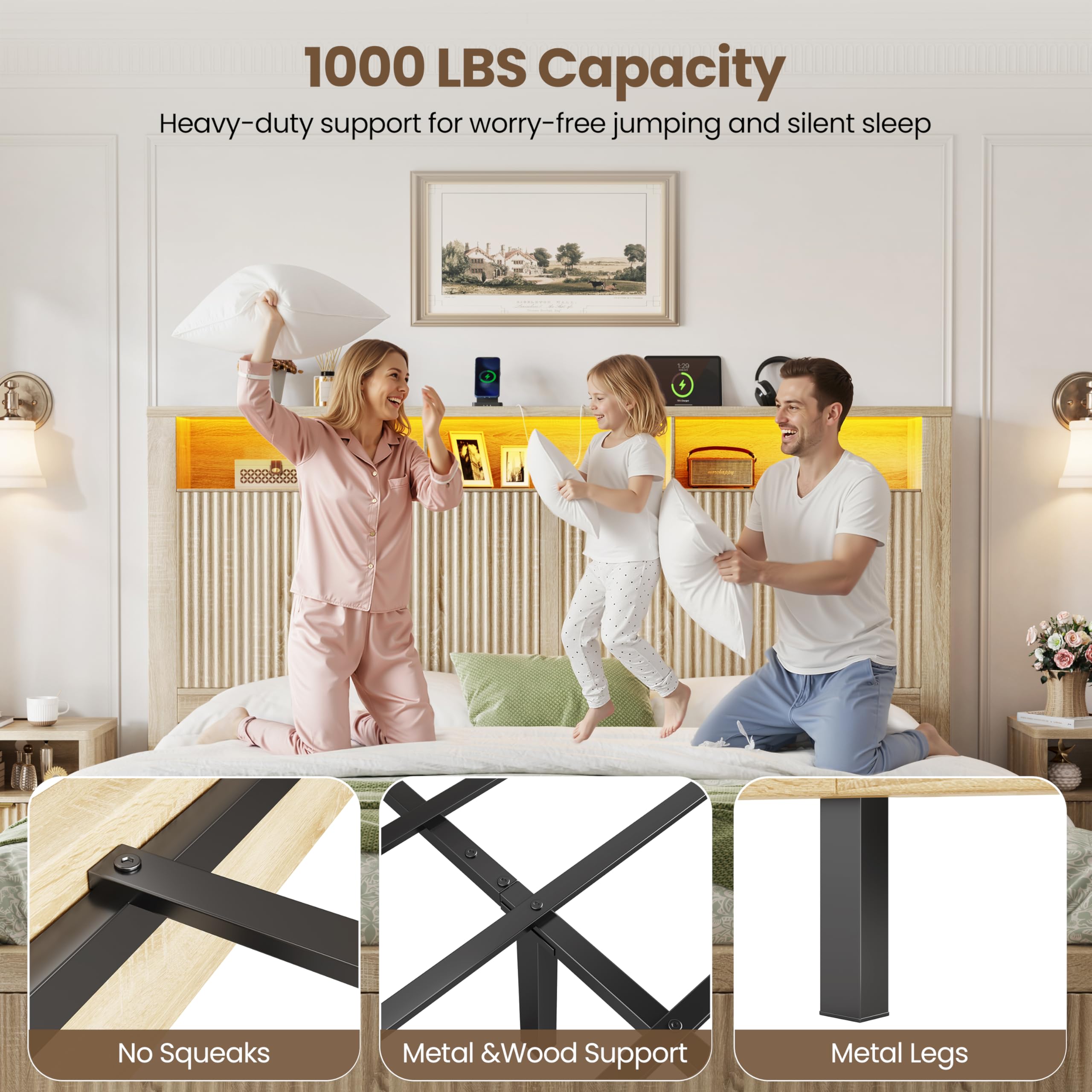 King Size Bed Frame with Storage Drawers, LED Lights & Charging Port