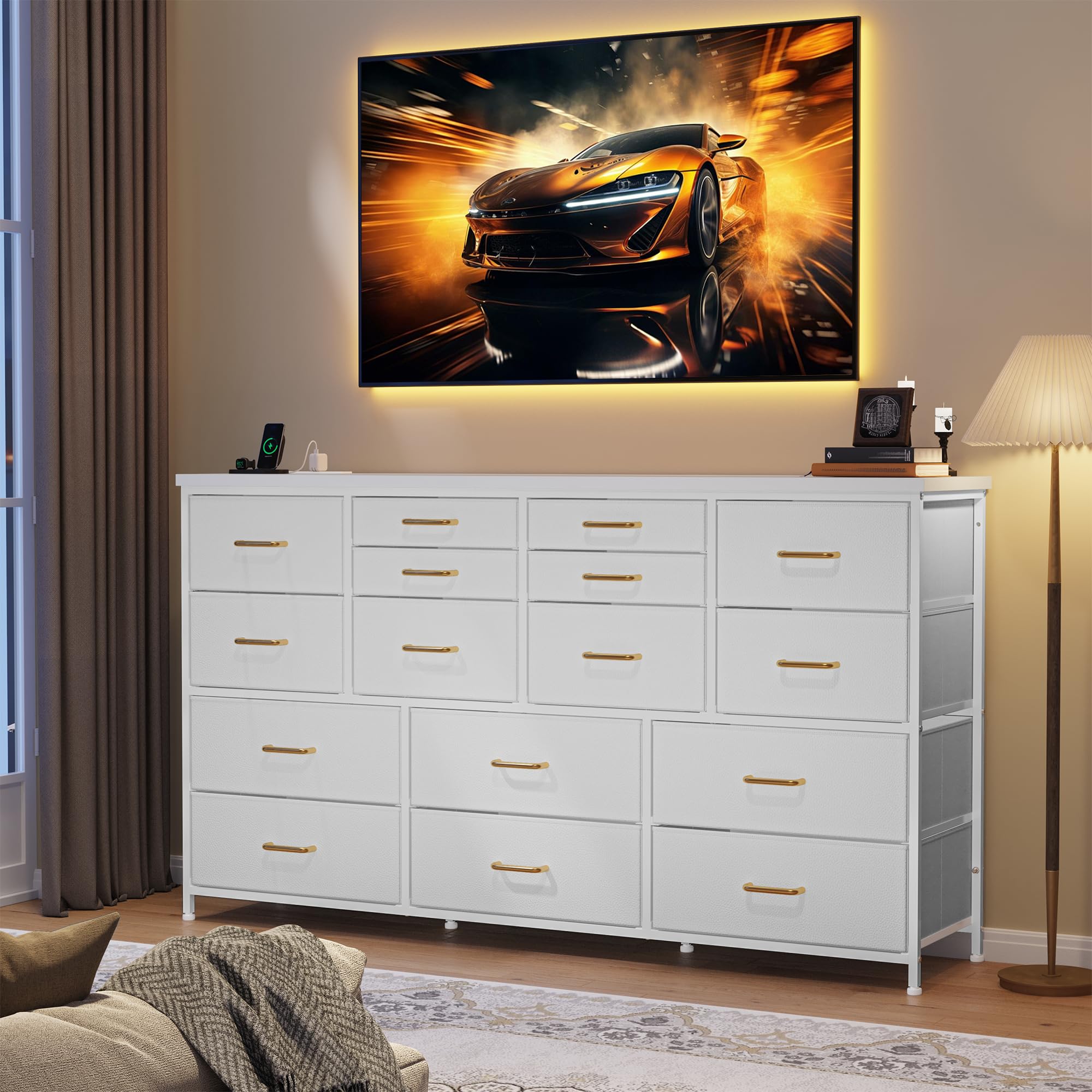 EnHomee Dressser for Bedroom Dresser with 16 Drawers TV Stand for Bedroom for 60" TV Long Dressers & Chests of Drawers Large Dresser with Charging Station, White