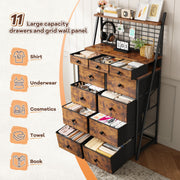 EnHomee 51" H Dressers & Chest of Drawers with 11 Drawers & LED Light, Bedroom Dresser with Wire Grid Panels & Open Shelves for Entryway, Dorm, Rustic Brown, 11.8" D x 33.9" W x 51.2" H