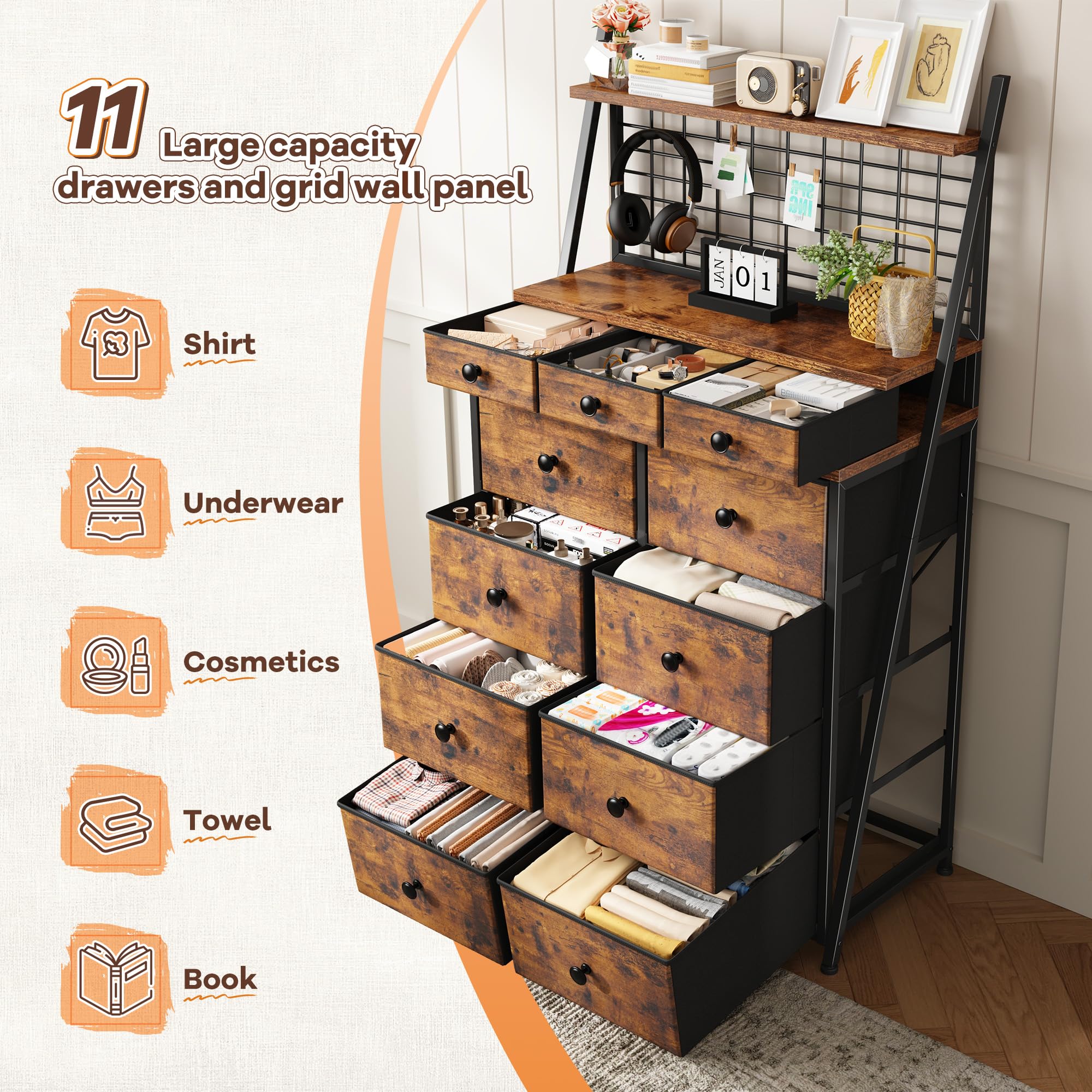 EnHomee 51" H Dressers & Chest of Drawers with 11 Drawers & LED Light, Bedroom Dresser with Wire Grid Panels & Open Shelves for Entryway, Dorm, Rustic Brown, 11.8" D x 33.9" W x 51.2" H