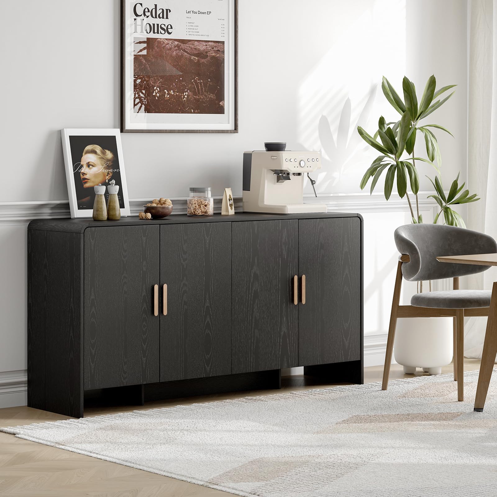 ONBRILL 60" Sideboard Buffet Cabinet with Storage, Curved Design Farmhouse Modern Coffee Bar Cabinet with 4 Doors & Adjustable Shelves for Living Room, Kitchen, Hallway, Black