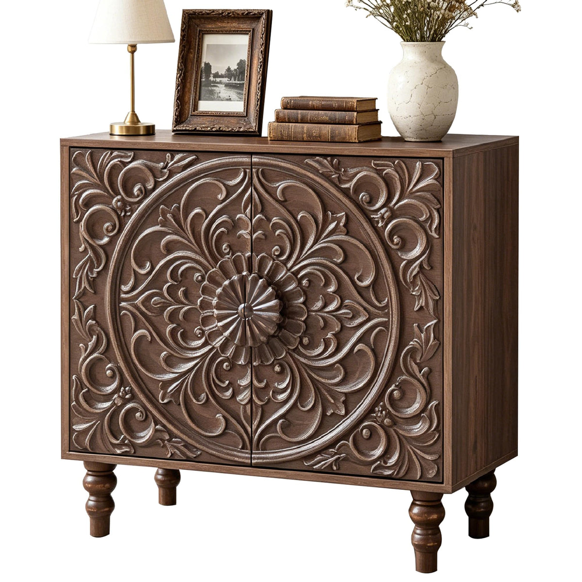 Carved Floral Accent Cabinet