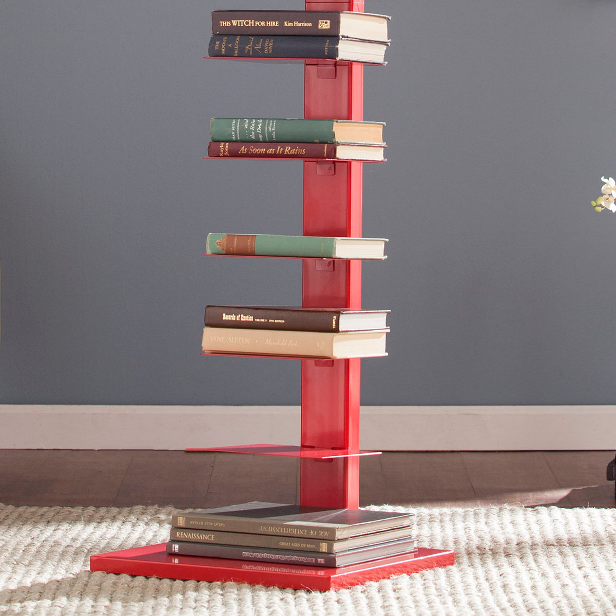 SEI Furniture - Stewartby Spine Tower Bookcase - Modern - Metal - 12 Shelves - Red - Adjustable - Space-Saving - Ideal for Home Office, Living Room, Dining Room, Bedroom (HZ9492)