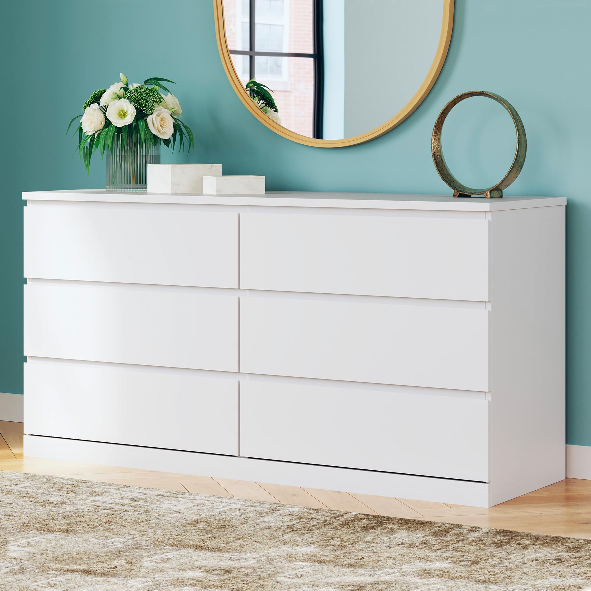 Signature Design by Ashley Onita Modern Dresser with 6 Smooth-Gliding Drawers, Meets ASTM International Safety Standards, White, 59.76' W x 19.29' D x 30.67' H