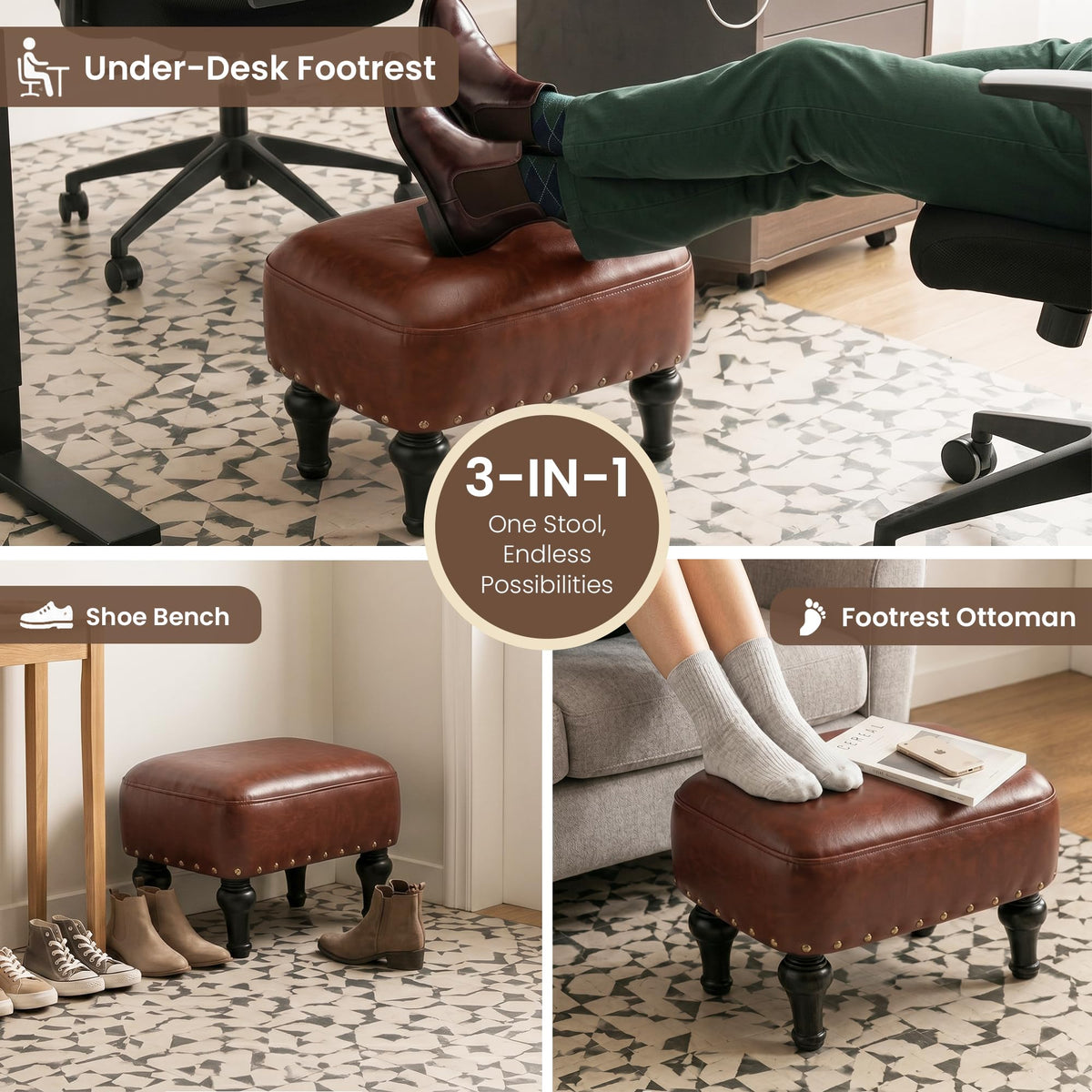 Cmishe Ottoman Leather Footrest,Vintage Footstool,Thickened Foam Upholstered Seat,Wooden Leg Foot Rest,Under Desk Shoe Bench Small Bench for Living Room Dining Room(Bronw)