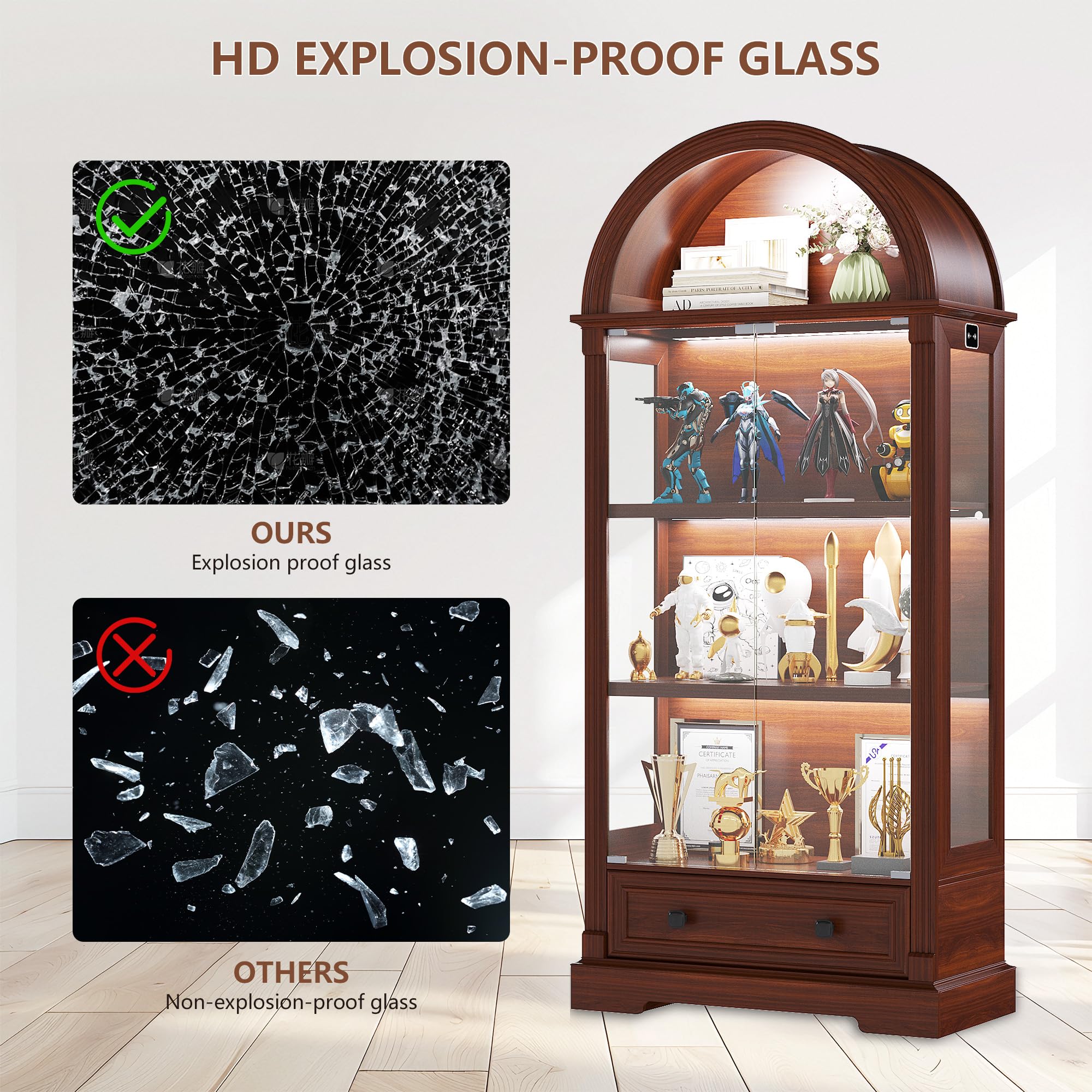 Arched Glass Display Cabinet with LED Sensor Lights, 4-Tier