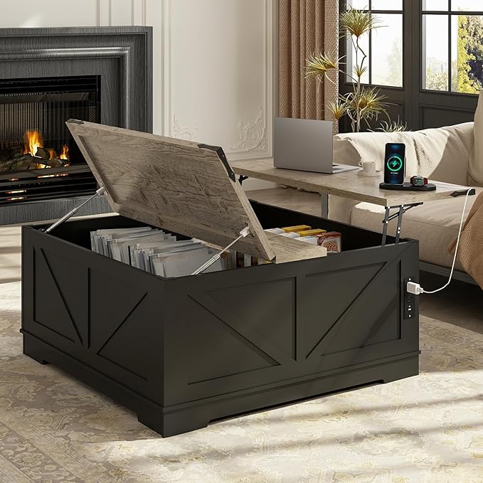 Farmhouse Lift Top Coffee Table with Storage & Charging Hub
