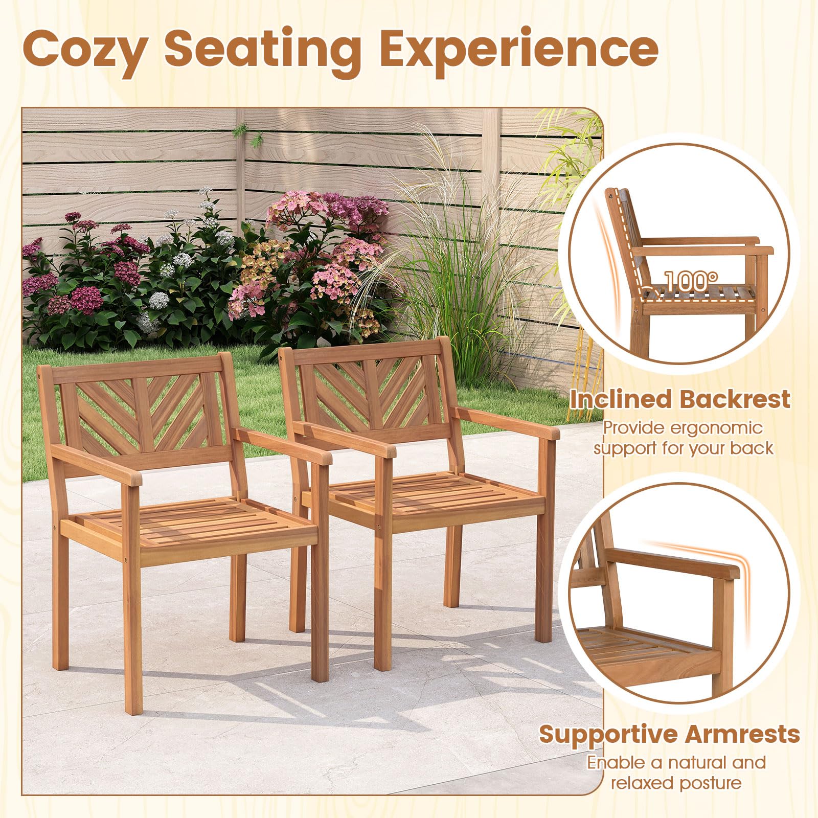 Tangkula Acacia Wood Patio Dining Chairs Set of 4, Outdoor Dining Chairs with 400 lbs Capacity, Teak Finish, Heavy-Duty Wooden Armchairs for Porch, Deck, Backyard & Balcony