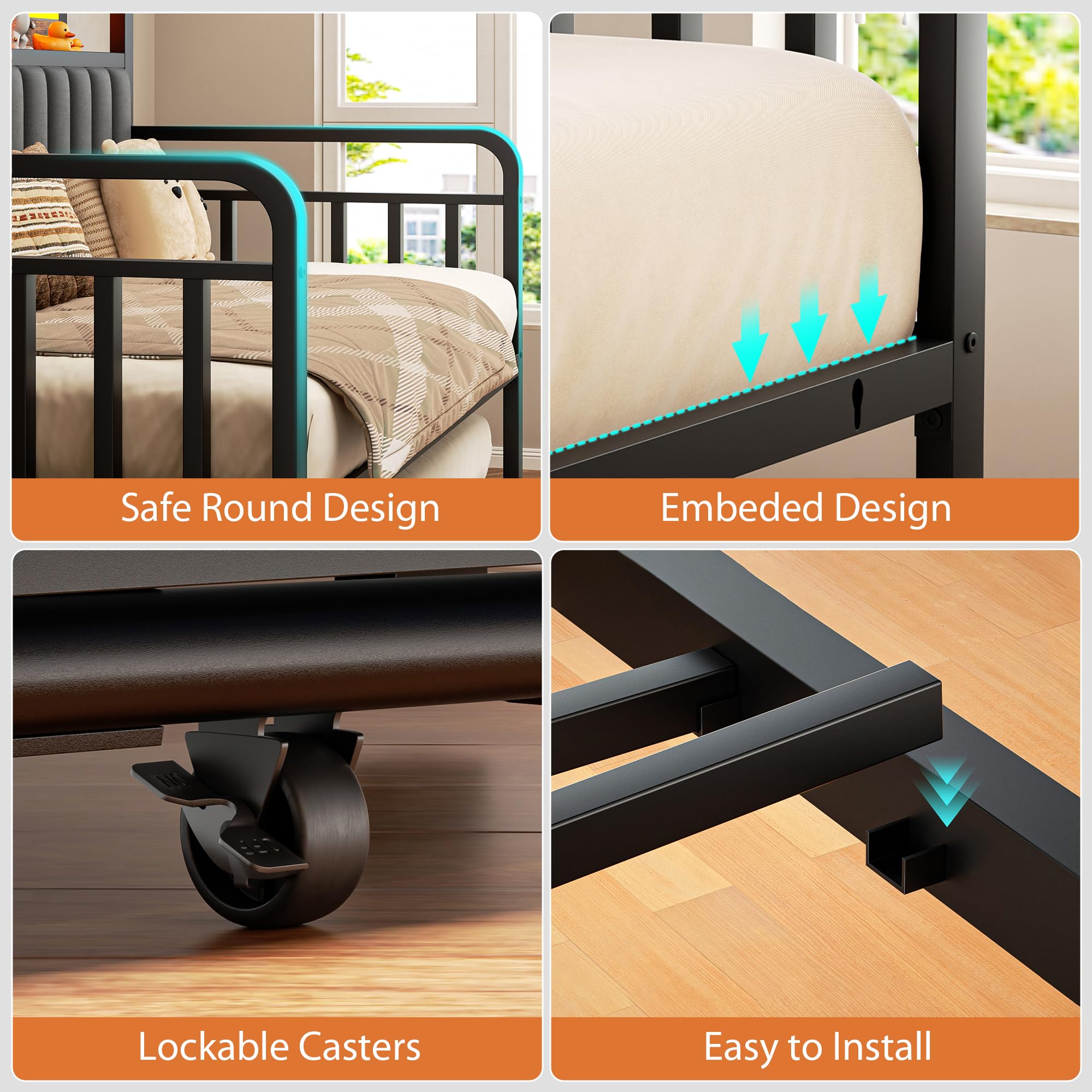 Daybed with Trundle and LED Light, Heavy Duty Metal Twin Bed Frame with Upholstered Storage Headboard & Charging Station, Day Bed Pop Up Trundle Bed Twin for Living Room,Bedroom and Guest Room (Brown)