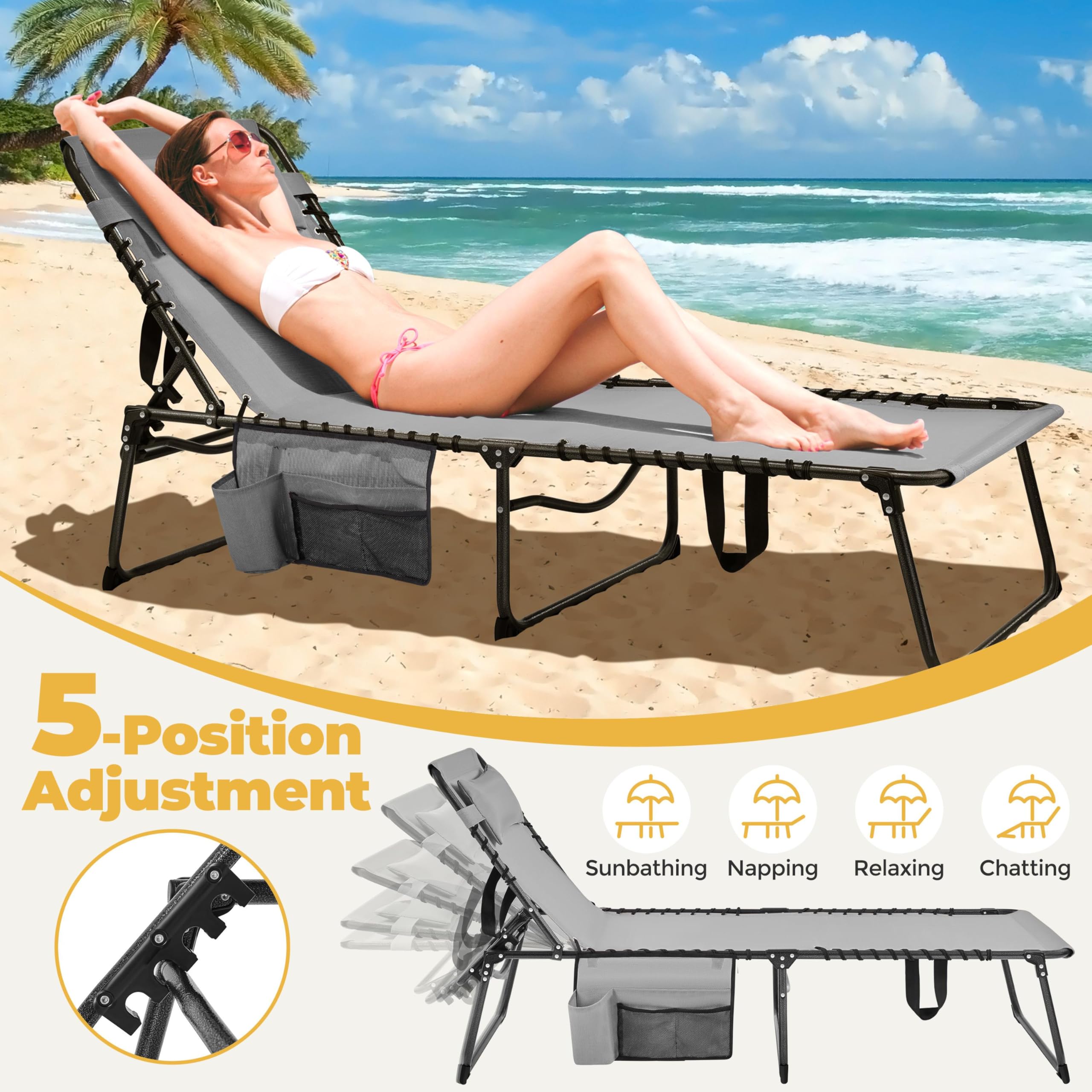 Yaheetech 26.4" Outdoor Folding Tanning Chair, Chaise Lounge Chairs with 5 Back Position Adjustable, Extended Portable Lounger for Beach, Patio, Gray