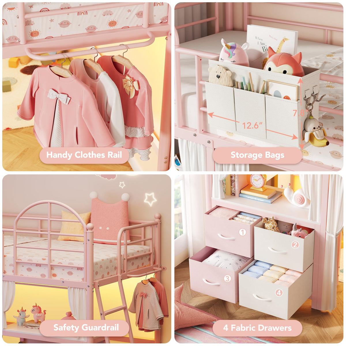 Twin Low Loft Bed with Desk & 4 Storage Drawers, Smart LED Lights, Pink