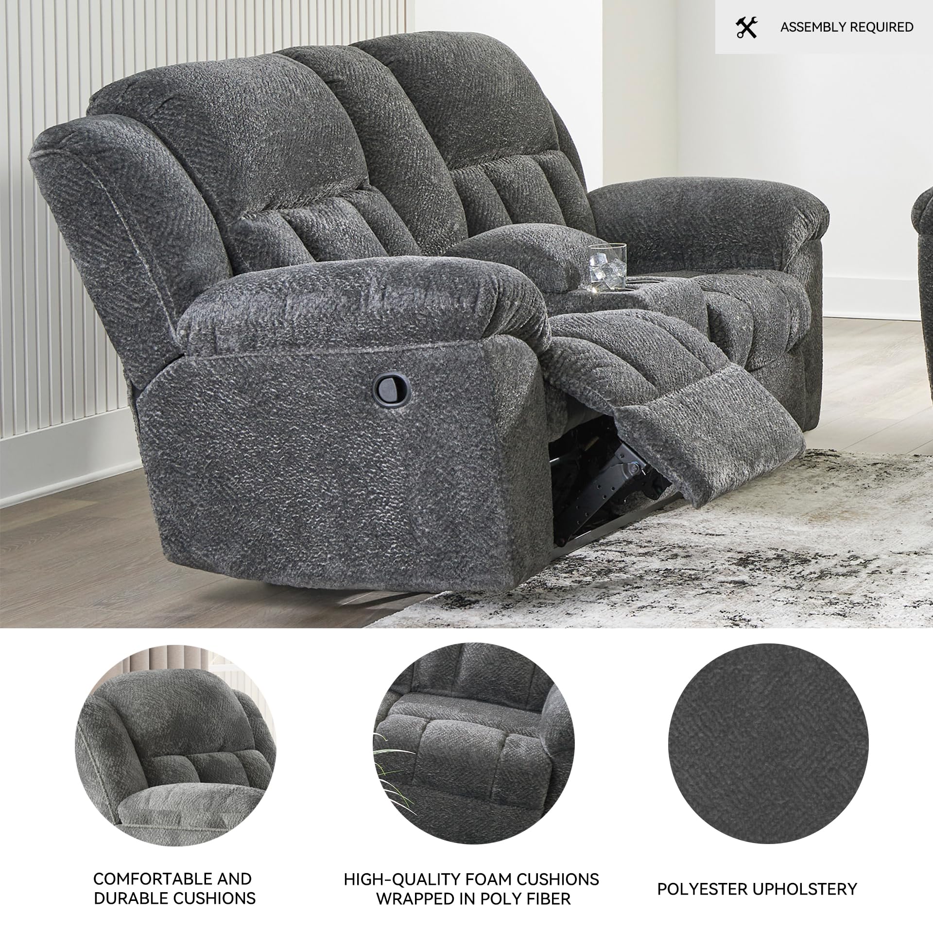 Signature Design by Ashley Frohn Contemporary Manual Reclining Loveseat with Console with Console, Storage and Cup Holders, Gray