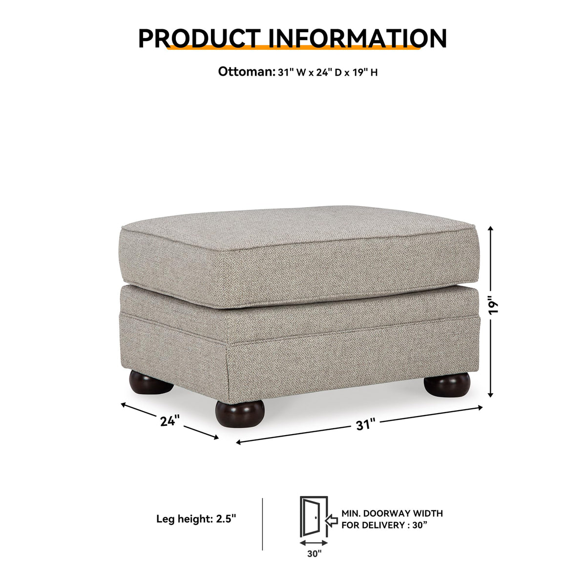 Signature Design by Ashley Gaelon Transitional Rectangular Upholstered Ottoman with Bun Legs, Light Brown