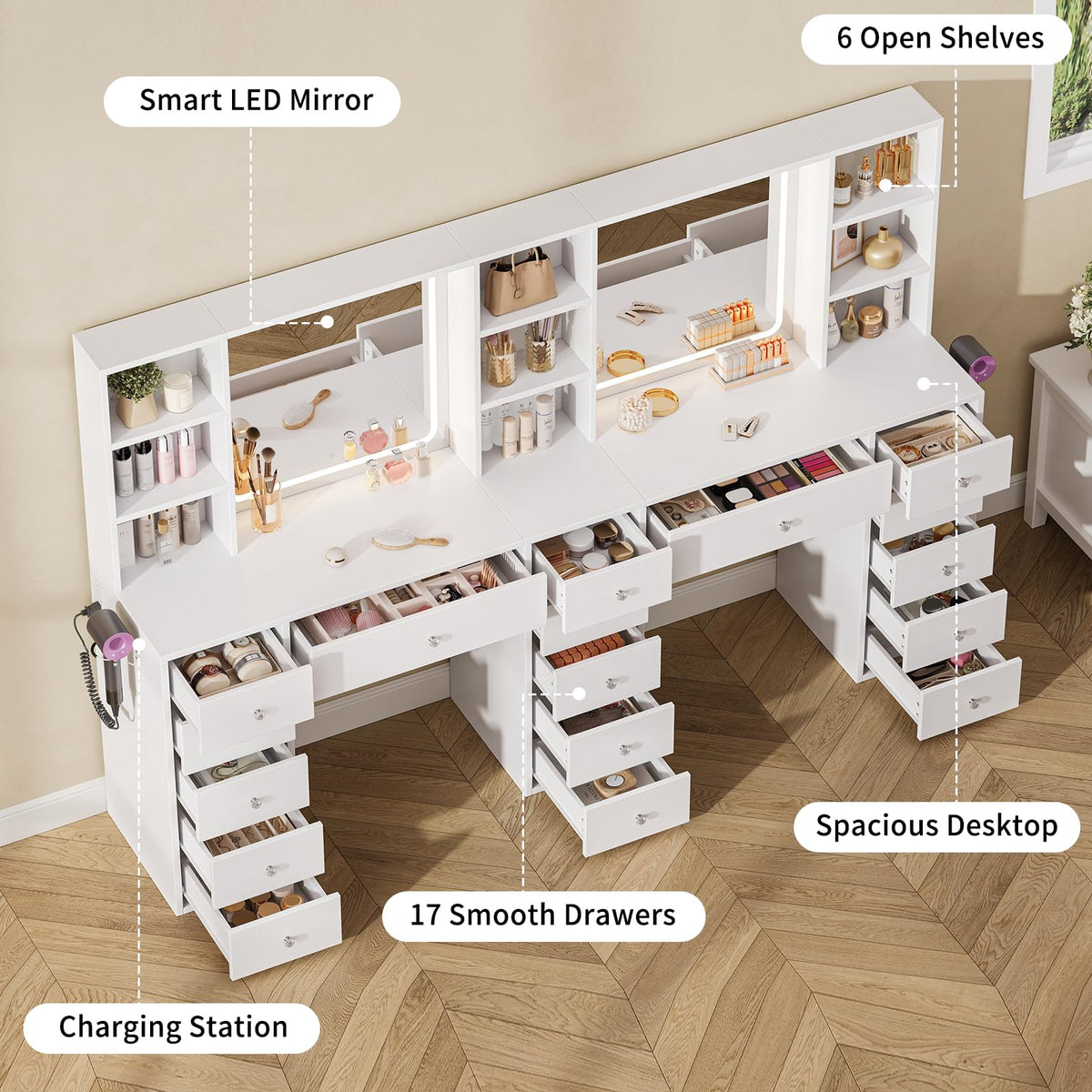2 Person Vanity Desk with Mirror and Lights, Power Outlet, White