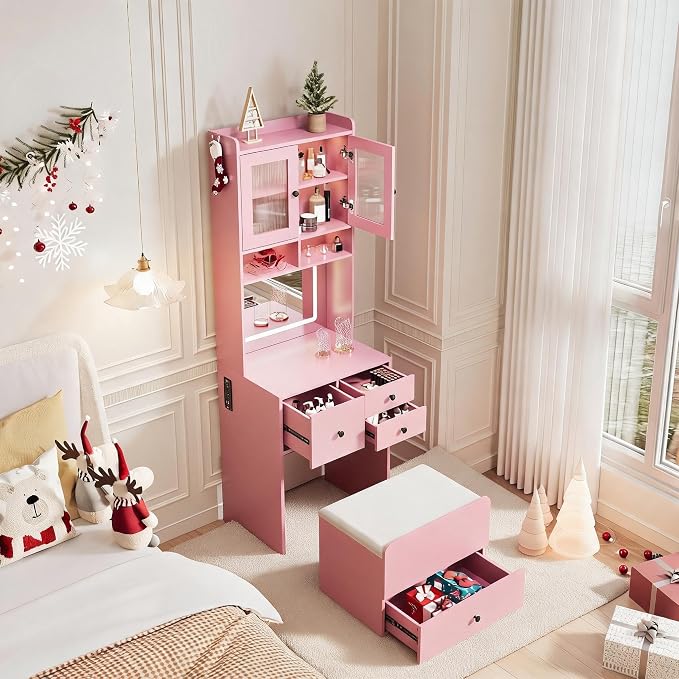 Pink Vanity Desk with LED Mirror