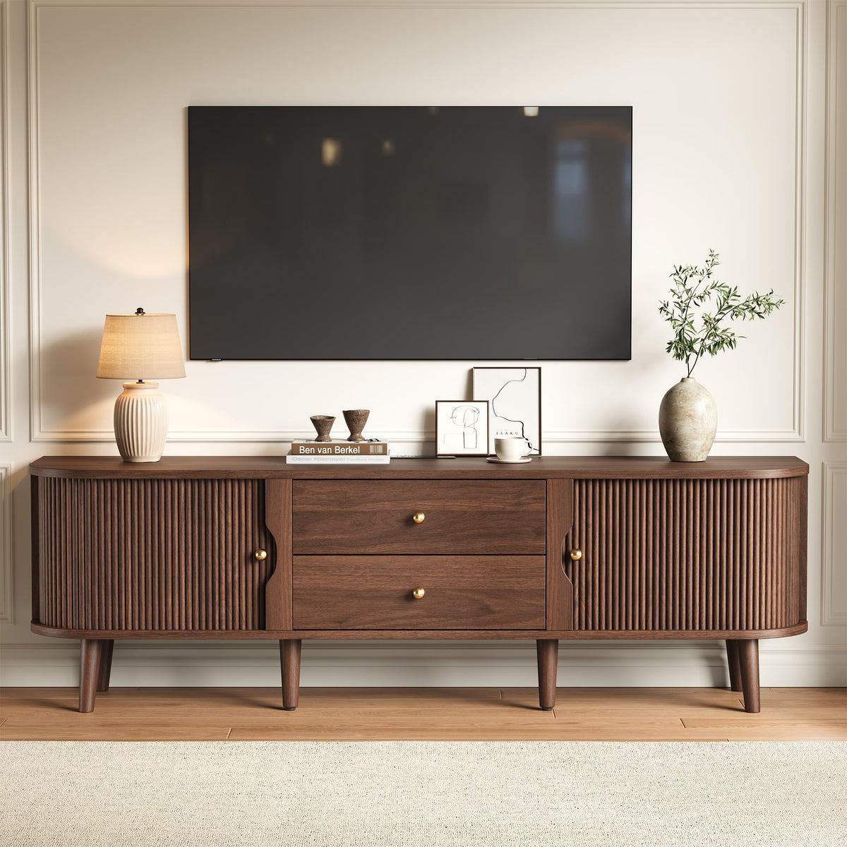 70" Mid-Century Fluted TV Stand with Storage up to 80 Inch, Walnut