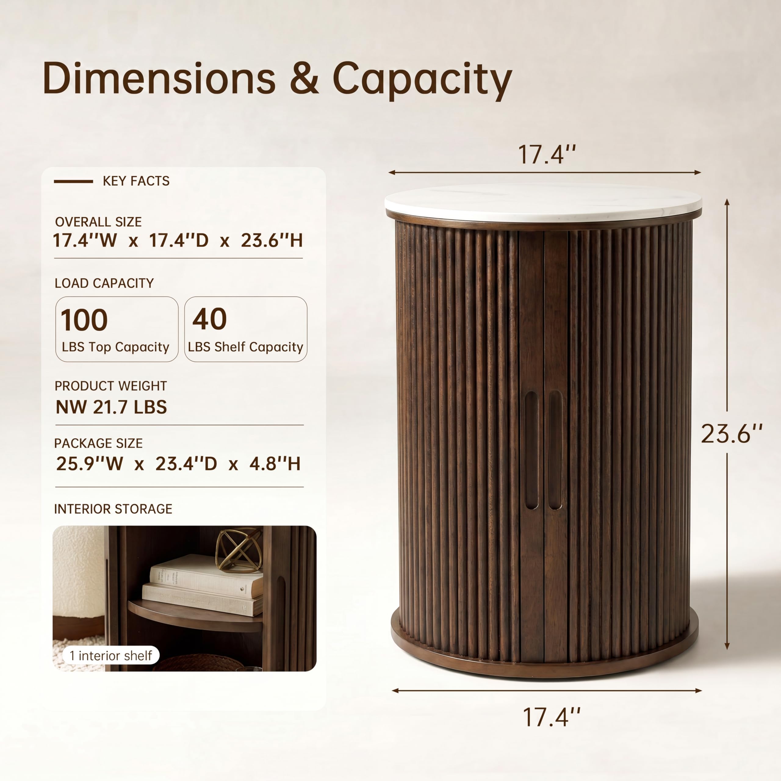 Farati Round Fluted End Table with Storage, Dark Walnut Side Table with White Sintered Stone Top, Sliding Tambour Door Nightstand, 17.4 Inch Small Accent Stand for Living Room Bedroom