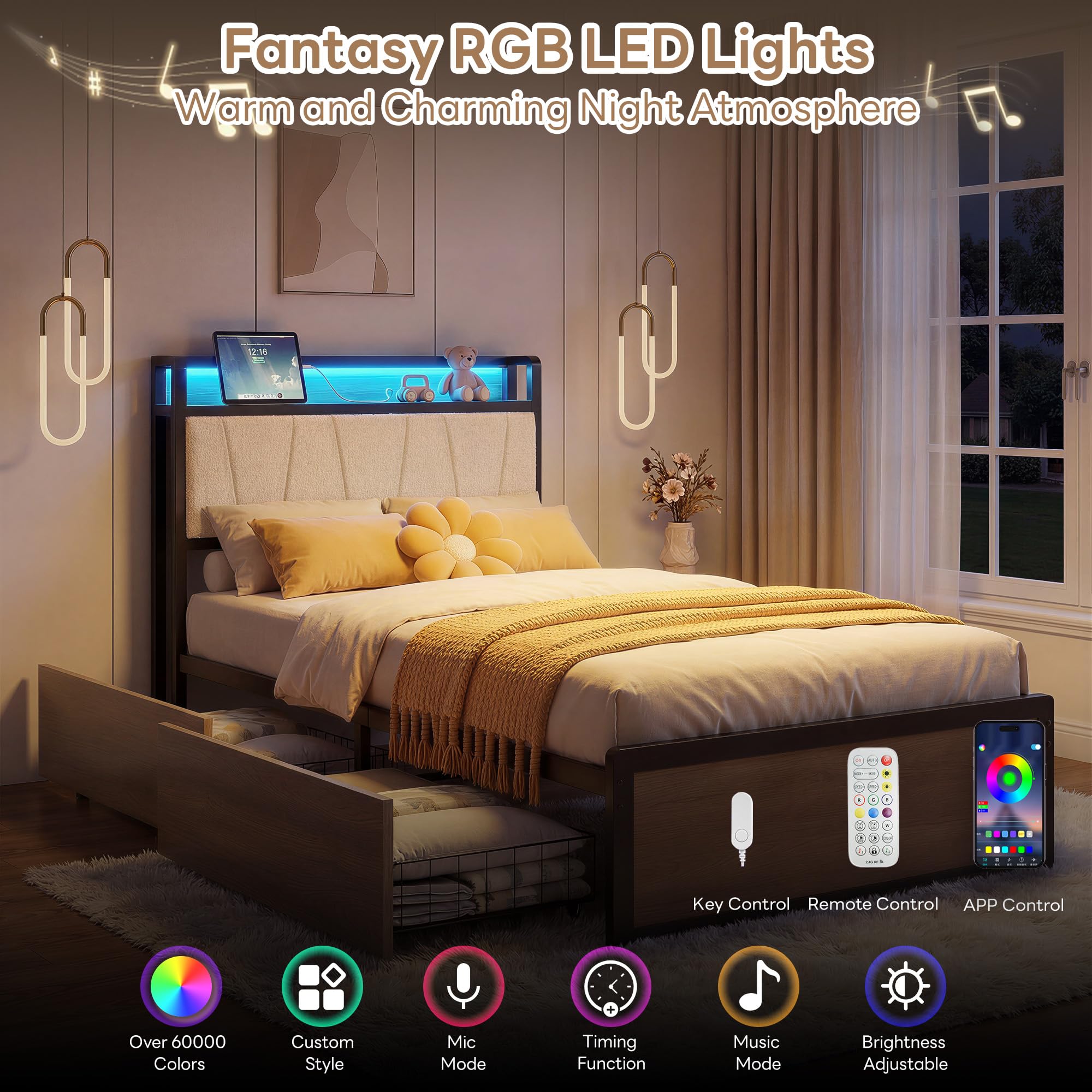 Twin / Twin XL Bed Frame with Storage Drawers, LED Lights & Charging Station