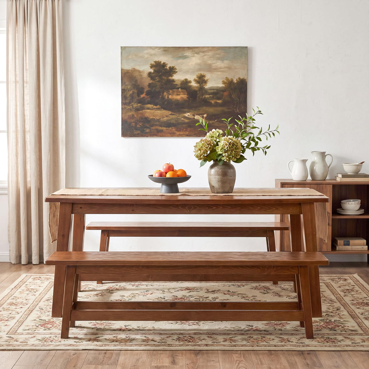 Tribesigns 55-Inch Farmhouse Solid Wood Dining Table Set with 2 Benches