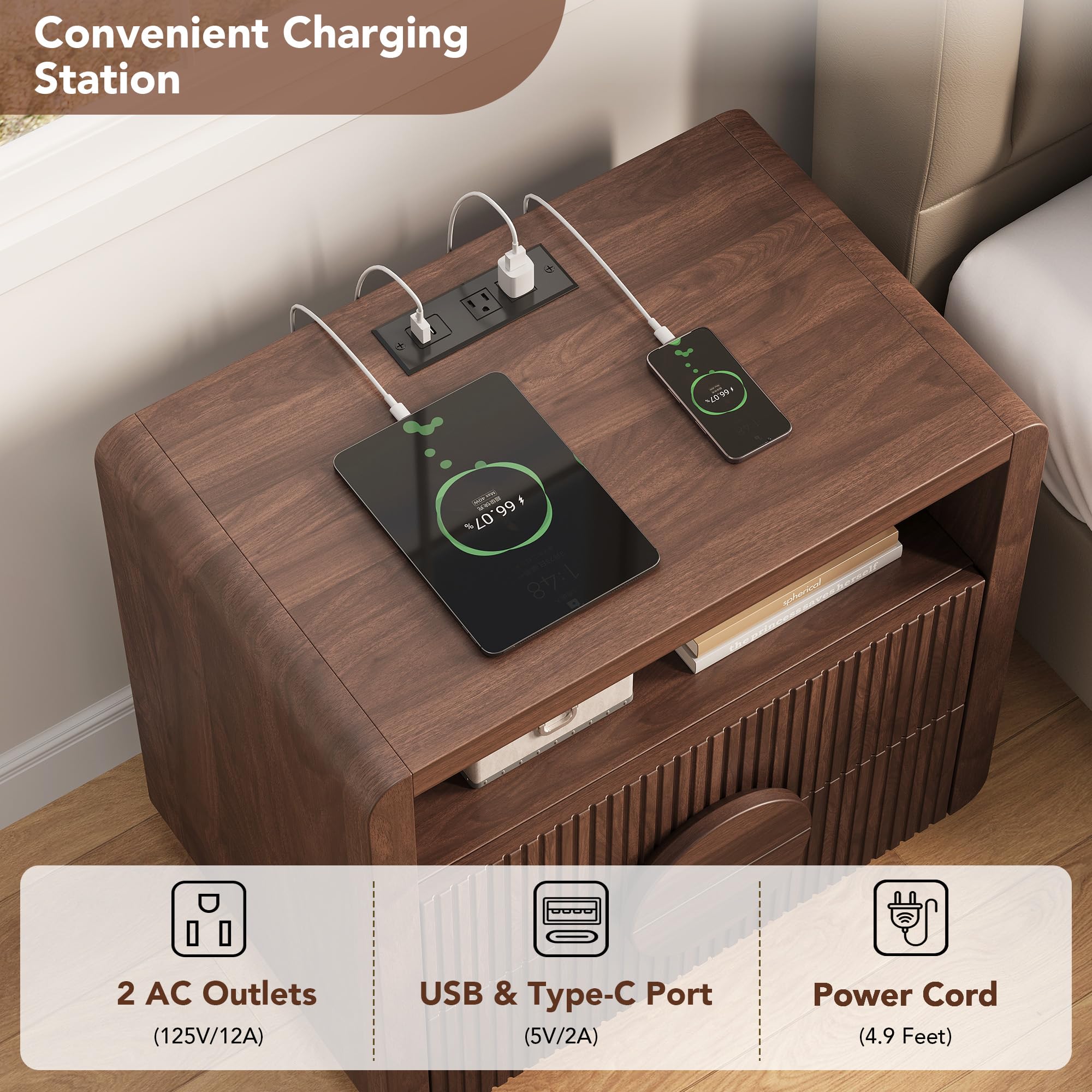 Fluted Nightstand with Charging Station & Storage