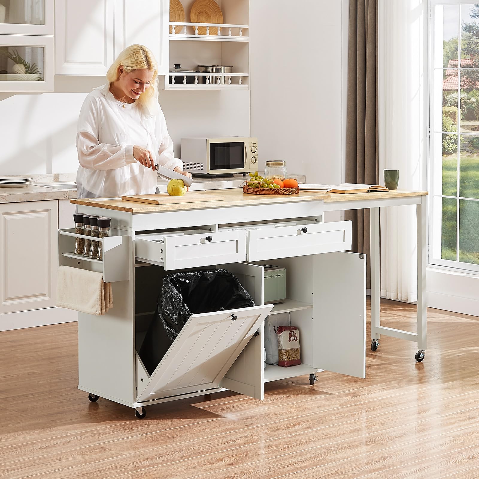 ONBRILL Kitchen Islands with Extendable Dining Table, 81.7" Mobile Kitchen Storage Islands, Rolling Kitchen Cart with Trash Cabinet, Power Outlet, Spice Rack & Towel Rack, White