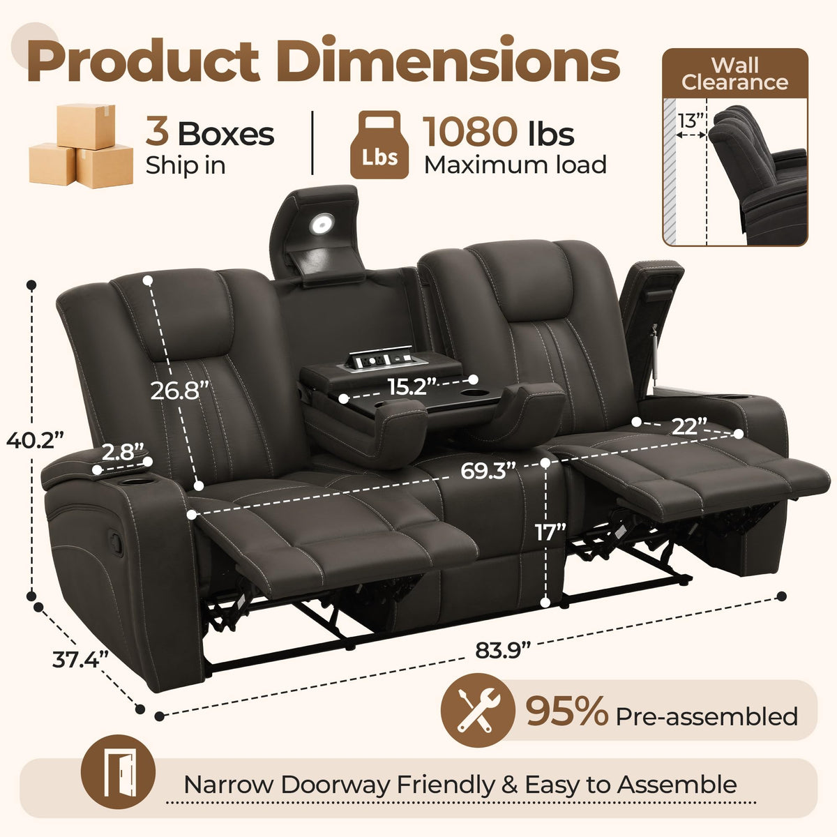 Oversized Recliner Sofa, Ergonomic 3-Seat Home Theater Seating