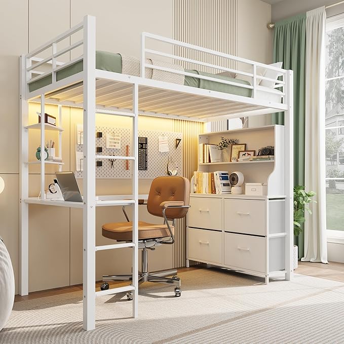 Twin Size Loft Bed with Desk & Storage