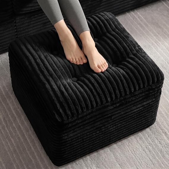 Corduroy Pouf Ottoman with Dual-Layer Support