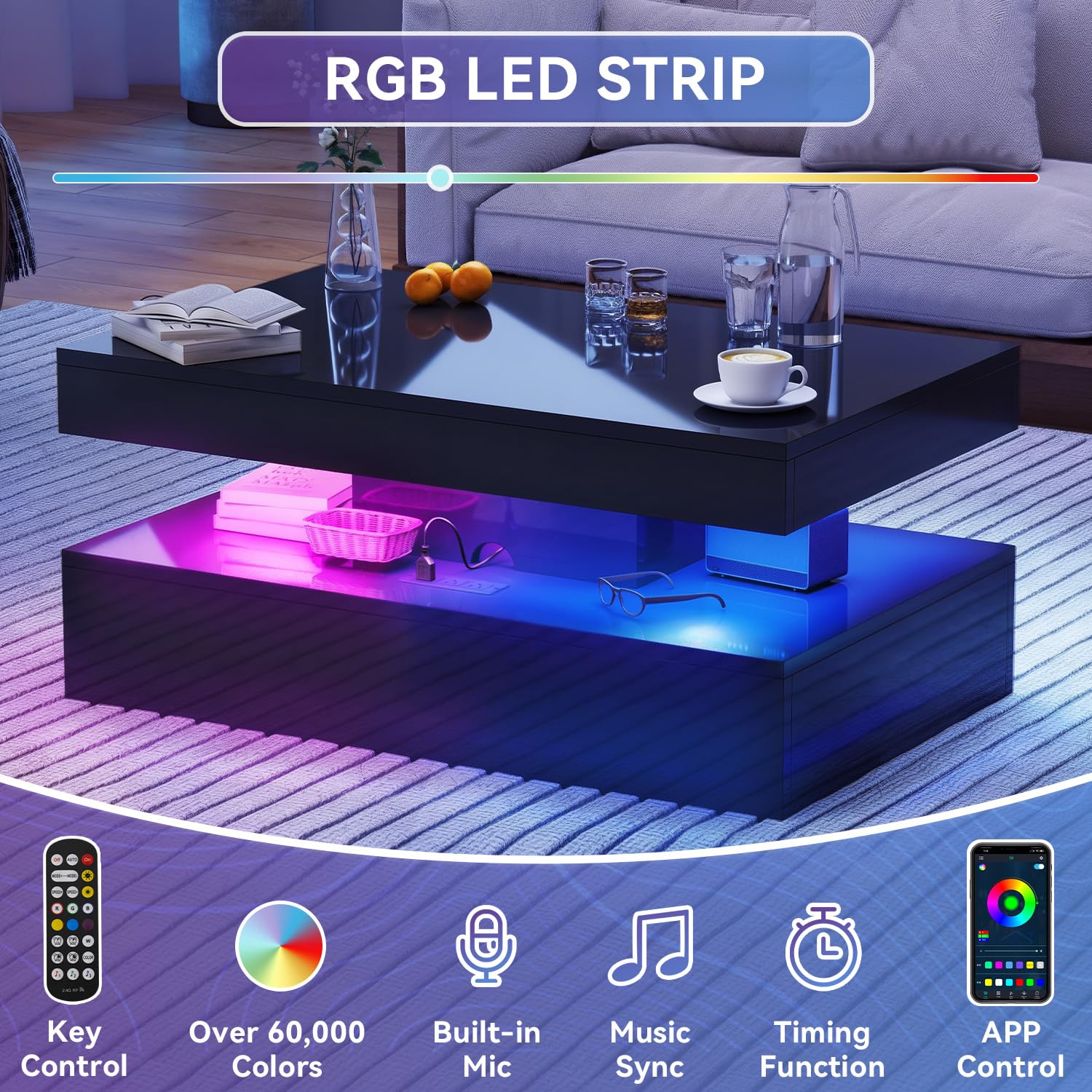 39” Modern High-Glossy LED Coffee Table with 2 Sliding Drawers, Living Room Storage Coffee Tables, Modern Stylish Double-Layer Center Tables with LED Lights, Black